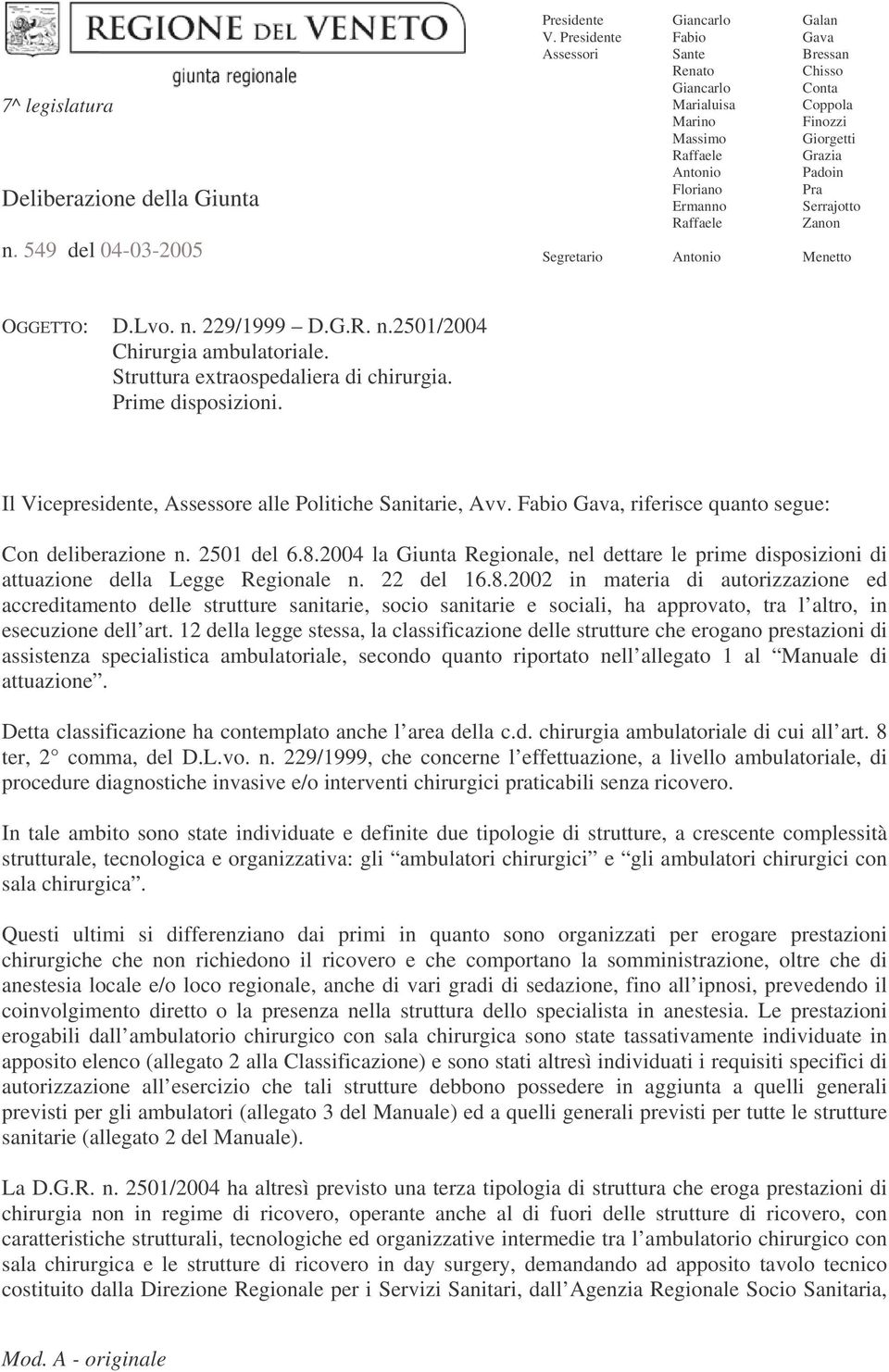 Giorgetti Grazia Padoin Pra Serrajotto Zanon Menetto OGGETTO: D.Lvo. n. 229/1999 D.G.R. n.2501/2004 Chirurgia ambulatoriale. Struttura extraospedaliera di chirurgia. Prime disposizioni.