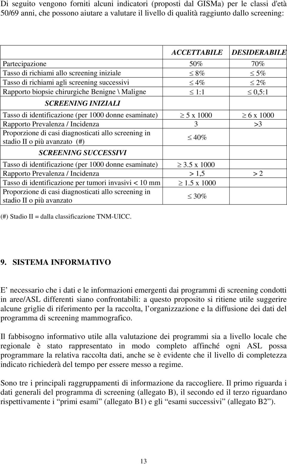 SCREENING INIZIALI Tasso di identificazione (per 1000 donne esaminate) 5 x 1000 6 x 1000 Rapporto Prevalenza / Incidenza 3 >3 Proporzione di casi diagnosticati allo screening in stadio II o più