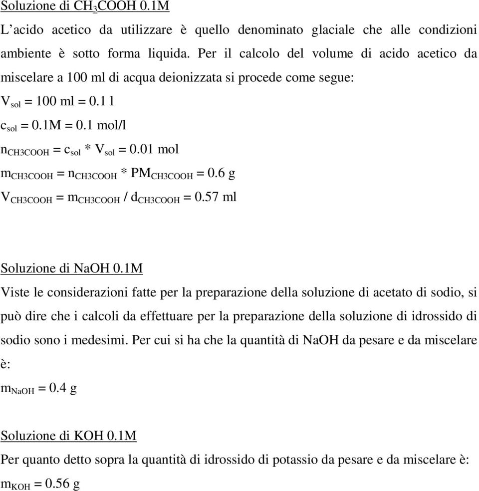 01 mol m CH3COOH = n CH3COOH * PM CH3COOH = 0.6 g V CH3COOH = m CH3COOH / d CH3COOH = 0.57 ml Soluzione di NaOH 0.