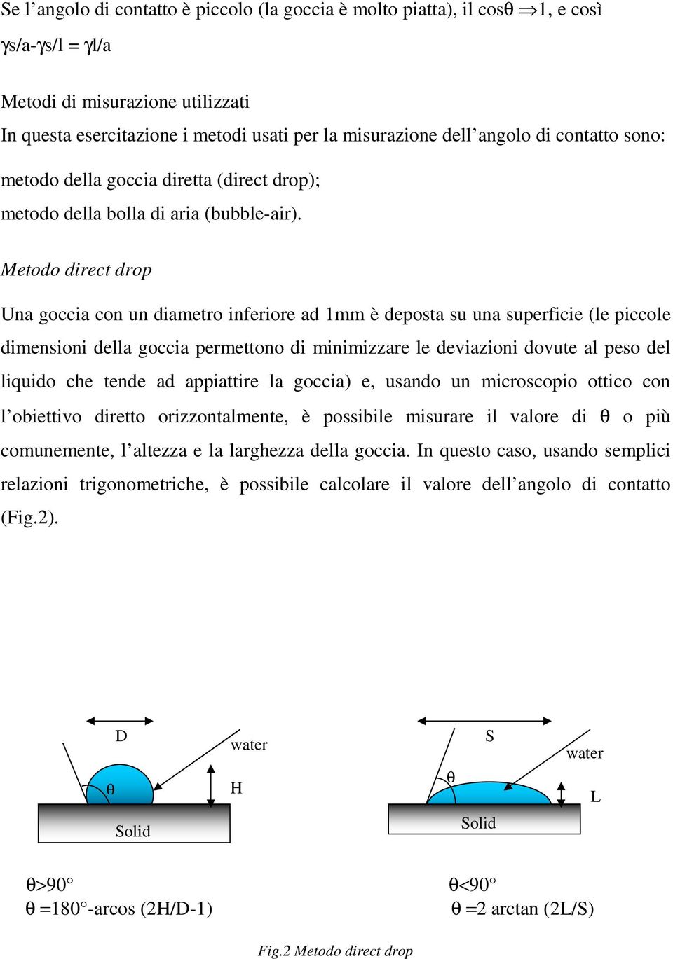 Metodo direct drop Una goccia con un diametro inferiore ad 1mm è deposta su una superficie (le piccole dimensioni della goccia permettono di minimizzare le deviazioni dovute al peso del liquido che