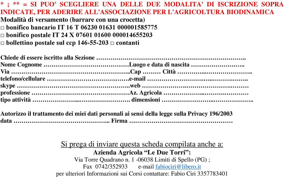 . Nome Cognome Luogo e data di nascita... Via..Cap Città..... telefono/cellulare..e-mail...... skype..web.. professione Az. Agricola.... tipo attività.... dimensioni.