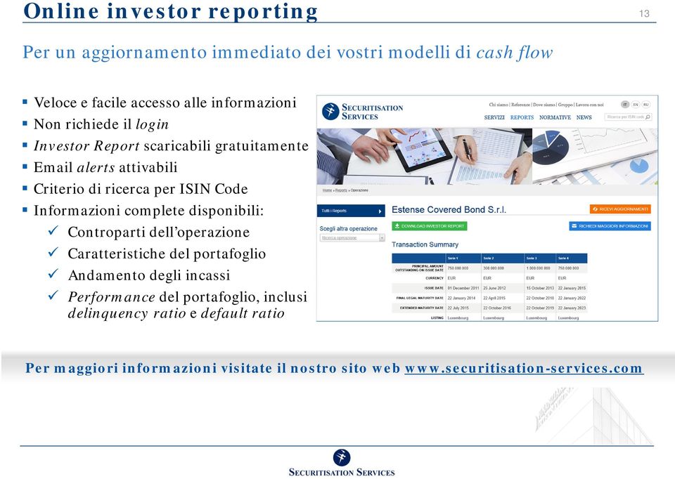 Code Informazioni complete disponibili: Controparti dell operazione Caratteristiche del portafoglio Andamento degli incassi