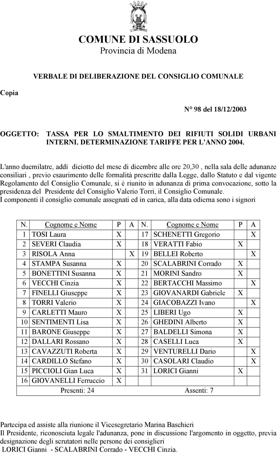 L'anno duemilatre, addì diciotto del mese di dicembre alle ore 20,30, nella sala delle adunanze consiliari, previo esaurimento delle formalità prescritte dalla Legge, dallo Statuto e dal vigente