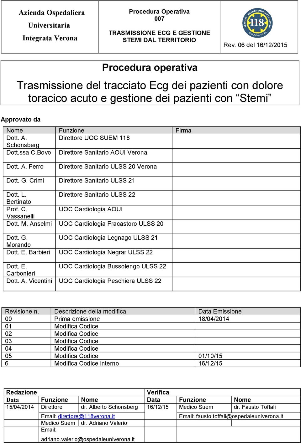 M. Anselmi UOC Cardiologia Fracastoro ULSS 20 Dott. G. UOC Cardiologia Legnago ULSS 21 Morando Dott. E. Barbieri UOC Cardiologia Negrar ULSS 22 Dott. E. UOC Cardiologia Bussolengo ULSS 22 Carbonieri Dott.