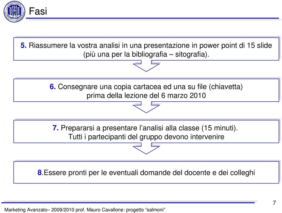 sitografia). 6. 6. Consegnare una copia cartacea ed una su file (chiavetta) prima della lezione del 6 marzo 2010 7.