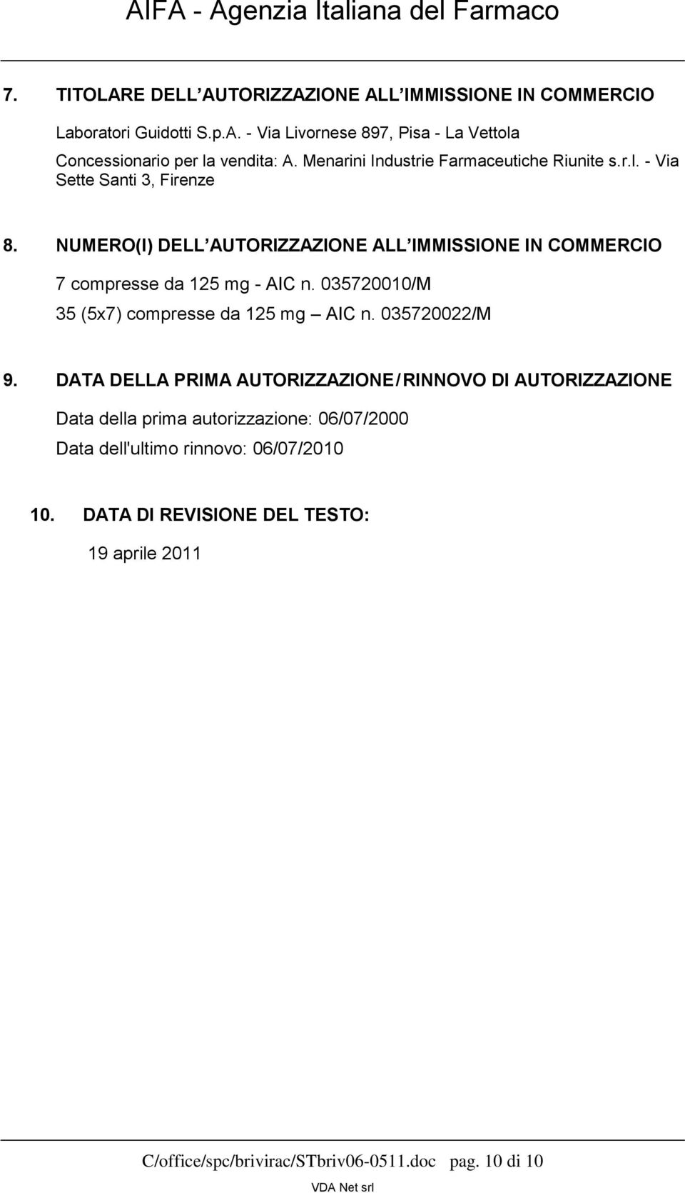 NUMERO(I) DELL AUTORIZZAZIONE ALL IMMISSIONE IN COMMERCIO 7 compresse da 125 mg - AIC n. 035720010/M 35 (5x7) compresse da 125 mg AIC n. 035720022/M 9.