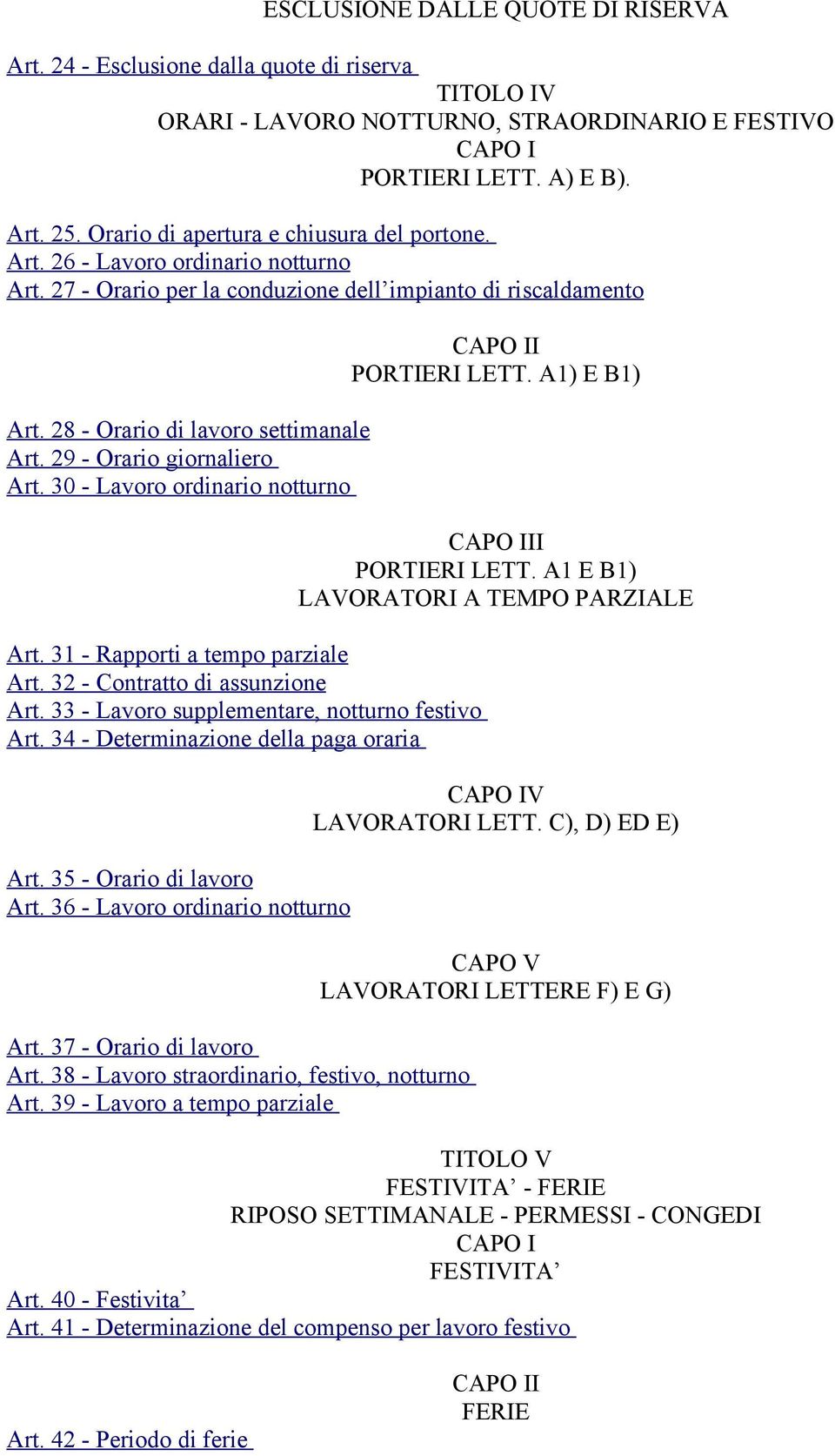 29 - Orario giornaliero Art. 30 - Lavoro ordinario notturno Art. 31 - Rapporti a tempo parziale Art. 32 - Contratto di assunzione Art. 33 - Lavoro supplementare, notturno festivo Art.