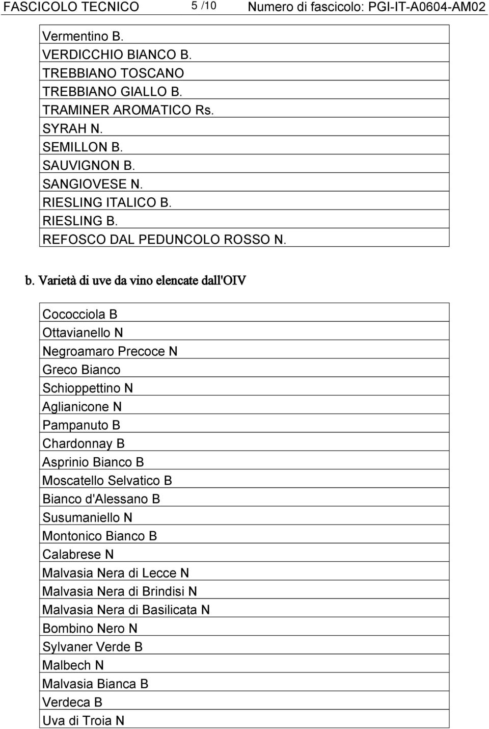 Varietà di uve da vino elencate dall'oiv Cococciola B Ottavianello N Negroamaro Precoce N Greco Bianco Schioppettino N Aglianicone N Pampanuto B Chardonnay B Asprinio Bianco B