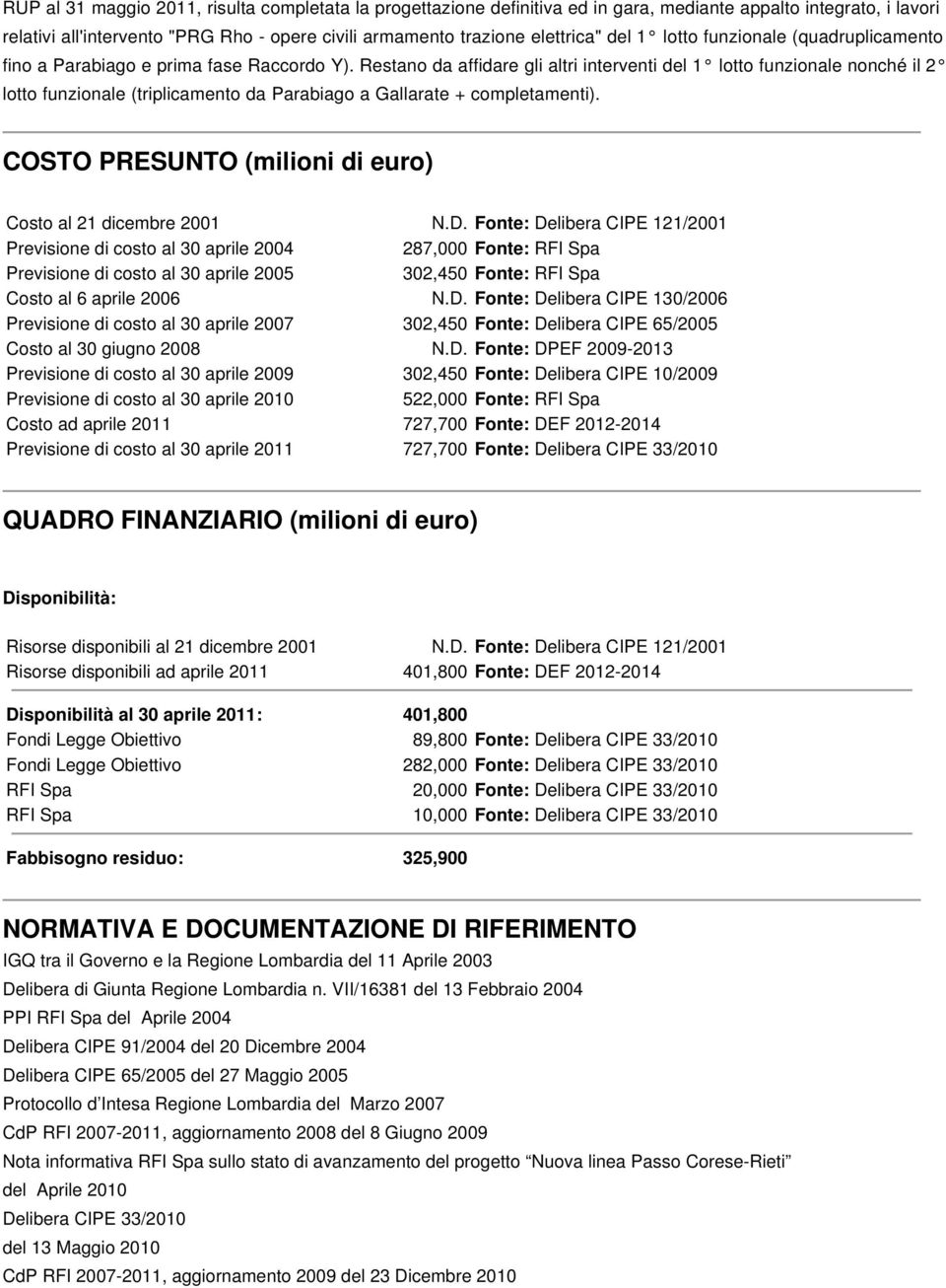 Restano da affidare gli altri interventi del 1 lotto funzionale nonché il 2 lotto funzionale (triplicamento da Parabiago a Gallarate + completamenti).