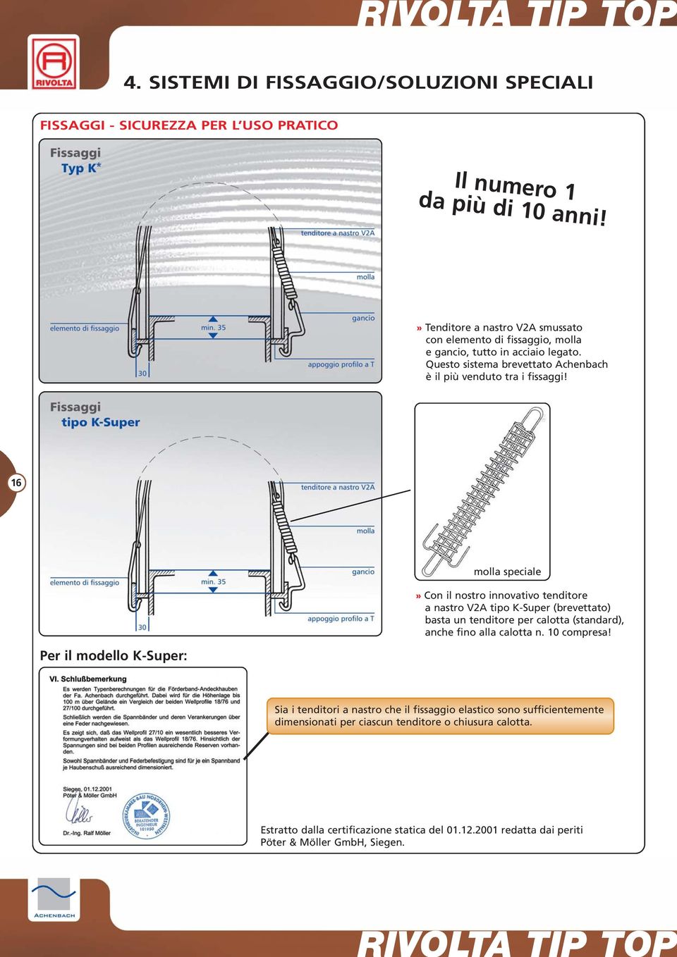 16 molla speciale» Con il nostro innovativo tenditore a nastro V2A tipo K-Super (brevettato) basta un tenditore per calotta (standard), anche fino alla calotta n. 10 compresa!