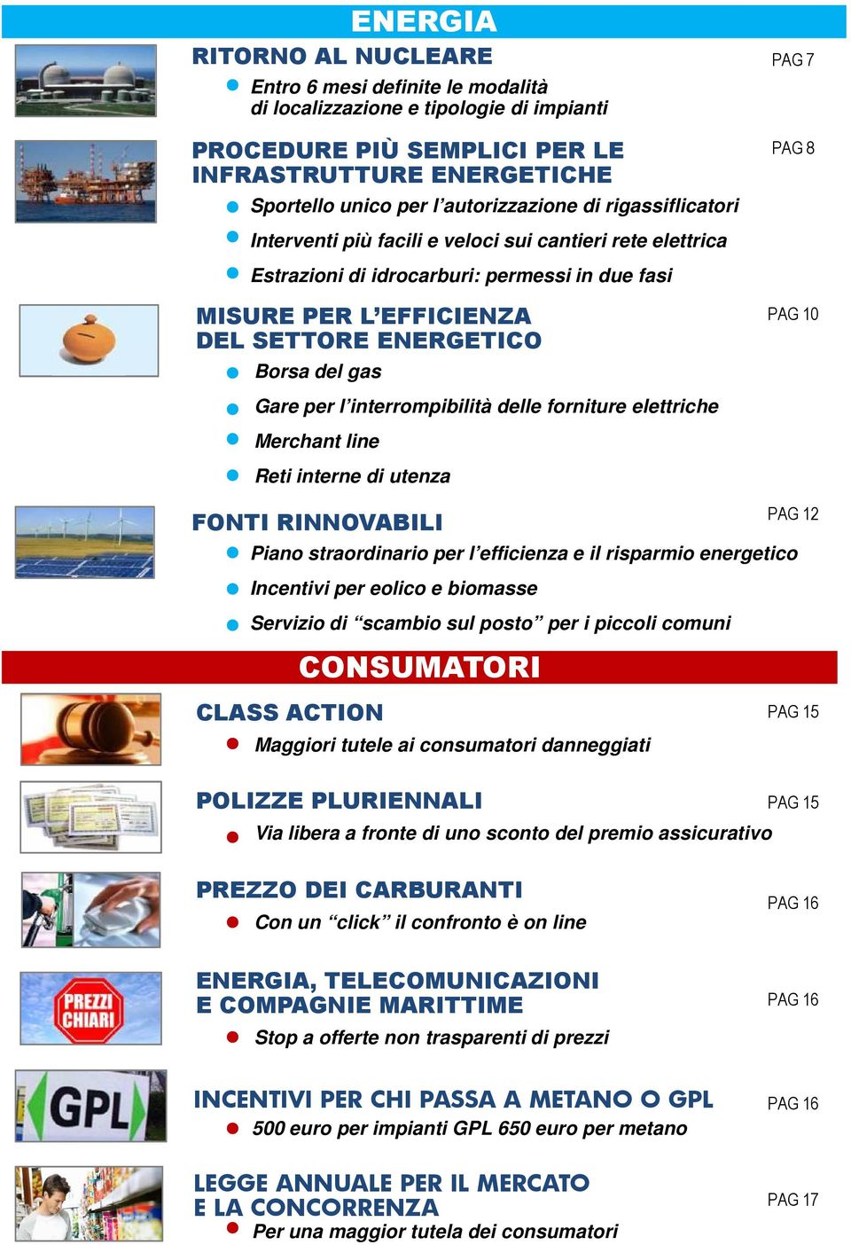 PAG 10 Gare per l interrompibilità delle forniture elettriche Merchant line Reti interne di utenza FONTI RINNOVABILI PAG 12 Piano straordinario per l efficienza e il risparmio energetico Incentivi