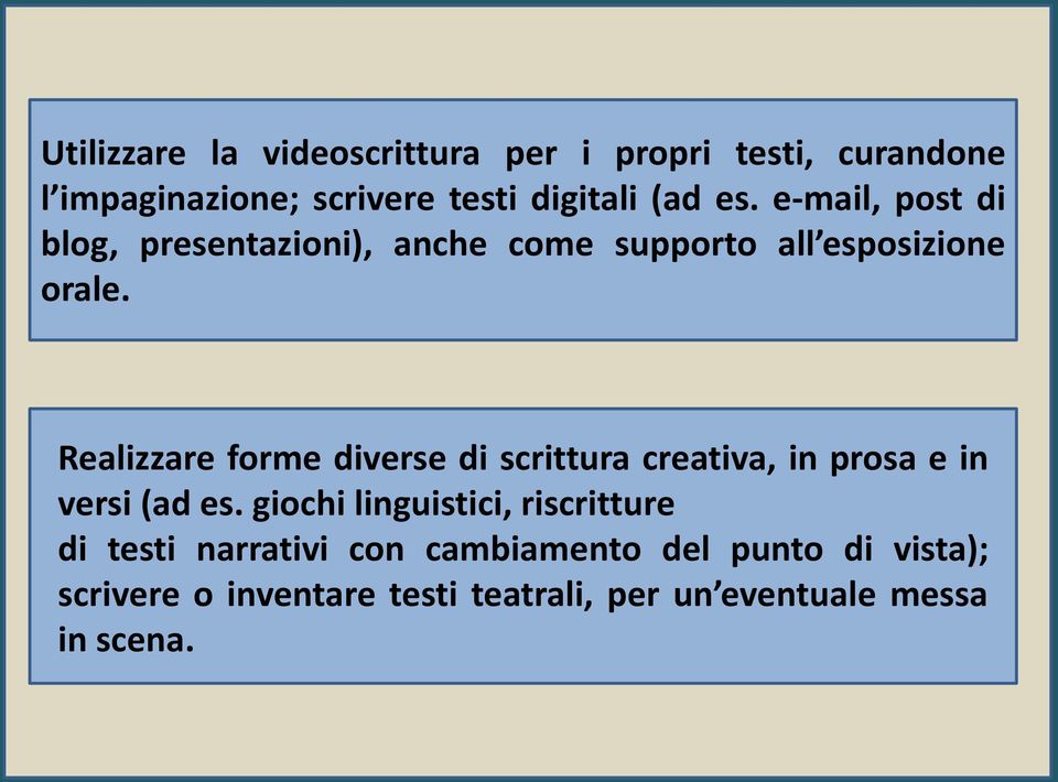 Realizzare forme diverse di scrittura creativa, in prosa e in versi (ad es.