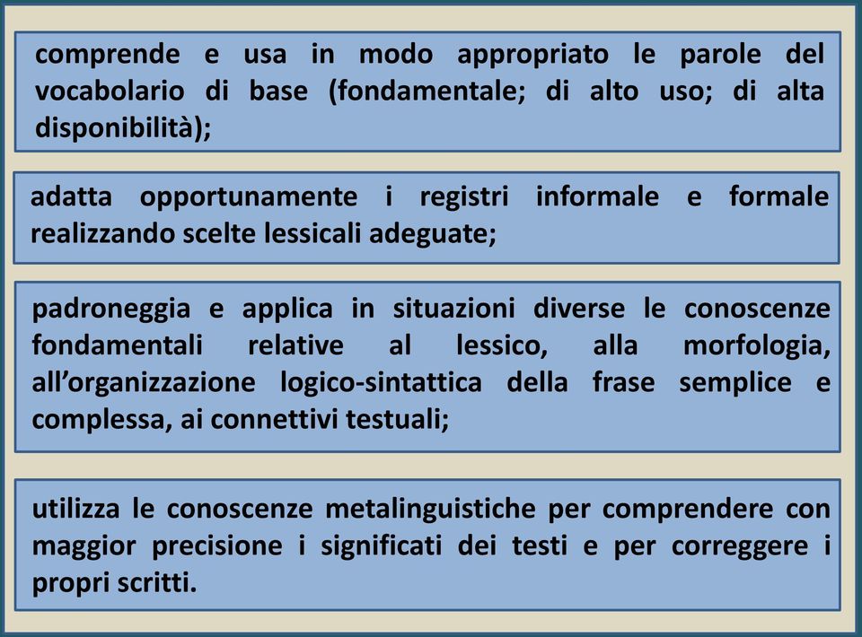 conoscenze fondamentali relative al lessico, alla morfologia, all organizzazione logico-sintattica della frase semplice e complessa, ai