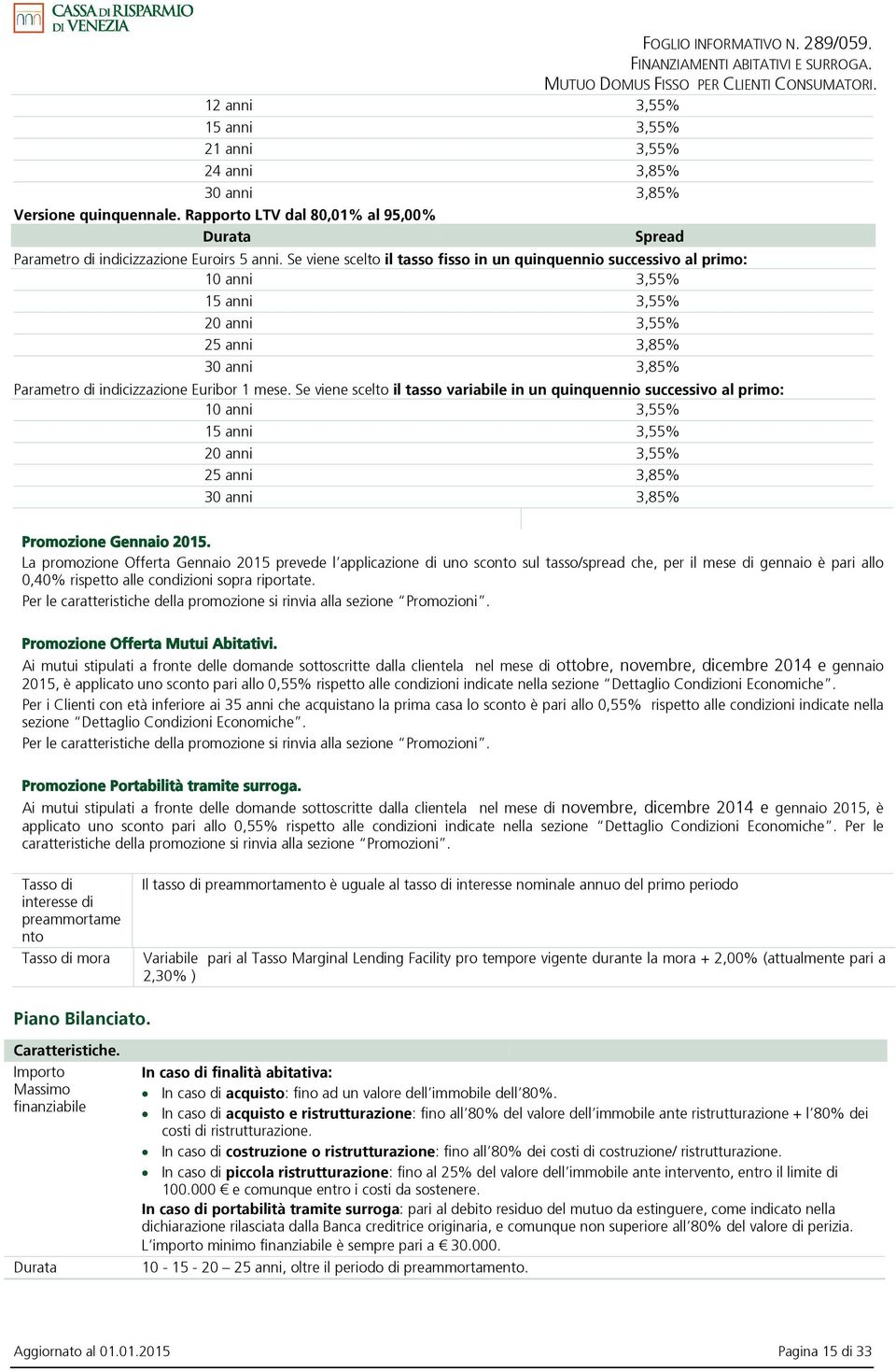 Se viene scelto il tasso variabile in un quinquennio successivo al primo: 10 anni 3,55% 15 anni 3,55% 20 anni 3,55% 25 anni 3,85% 30 anni 3,85% Promozione Gennaio 2015.
