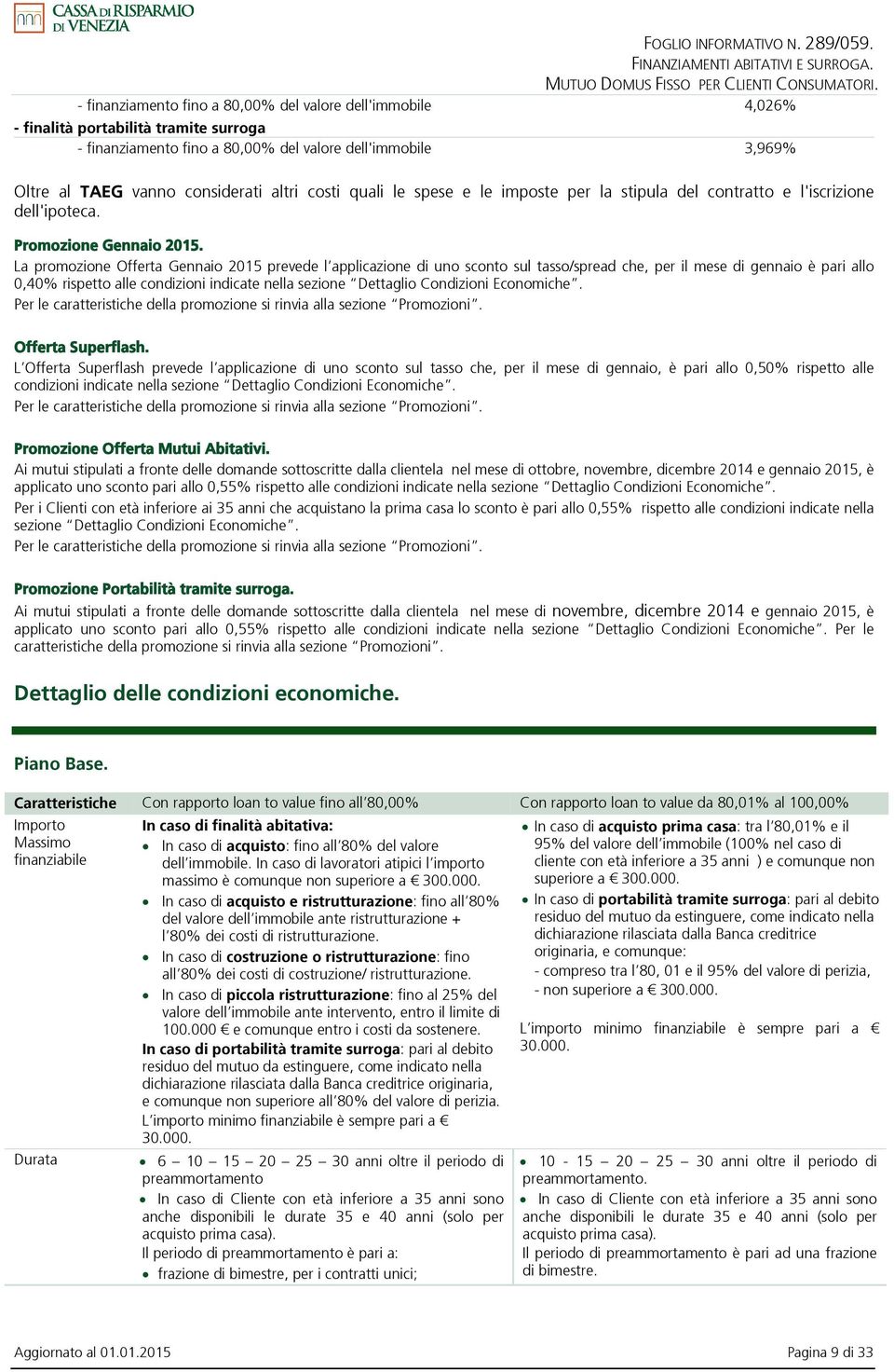 La promozione Offerta Gennaio 2015 prevede l applicazione di uno sconto sul tasso/spread che, per il mese di gennaio è pari allo 0,40% rispetto alle condizioni indicate nella sezione Dettaglio