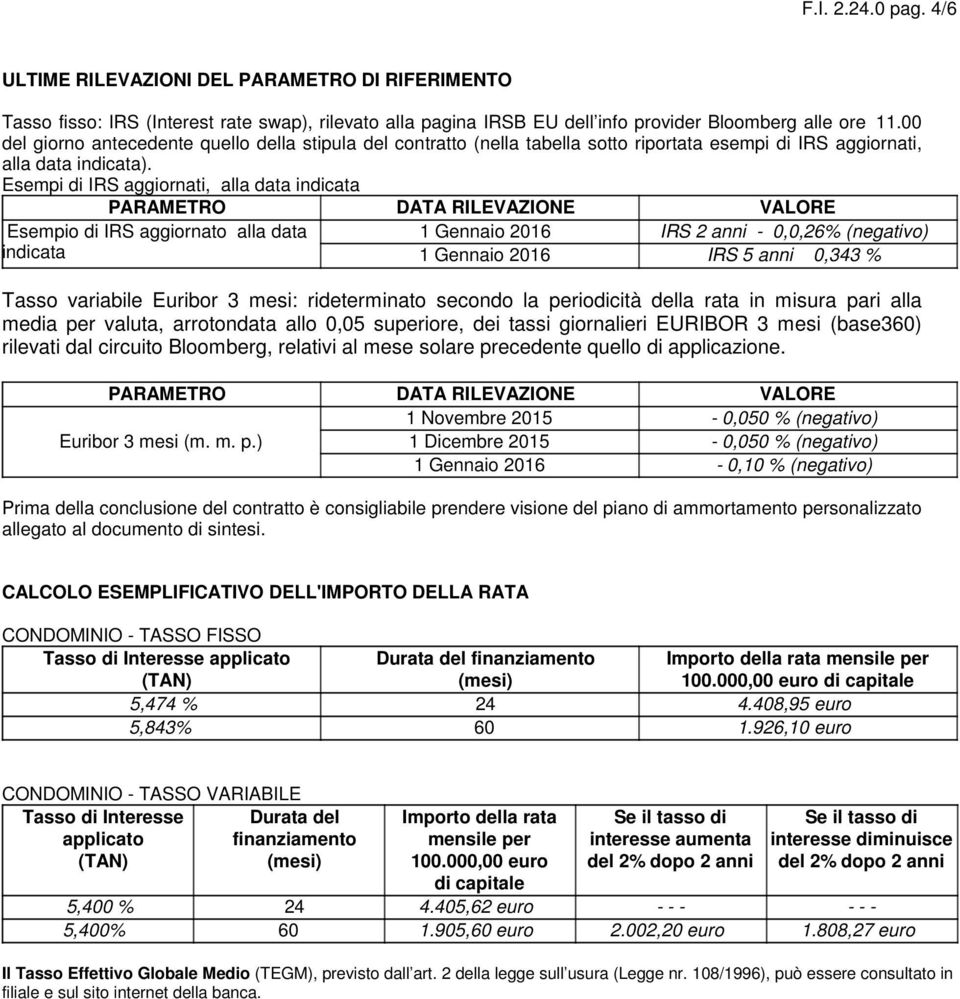 Esempi di IRS aggiornati, alla data indicata PARAMETRO DATA RILEVAZIONE VALORE Esempio di IRS aggiornato alla data 1 Gennaio 2016 IRS 2 anni - 0,0,26% (negativo) indicata 1 Gennaio 2016 IRS 5 anni