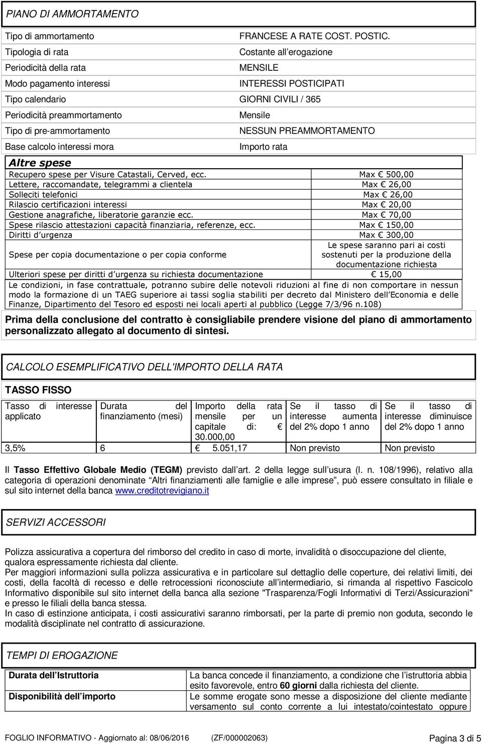 PREAMMORTAMENTO Importo rata Altre spese Recupero spese per Visure Catastali, Cerved, ecc.