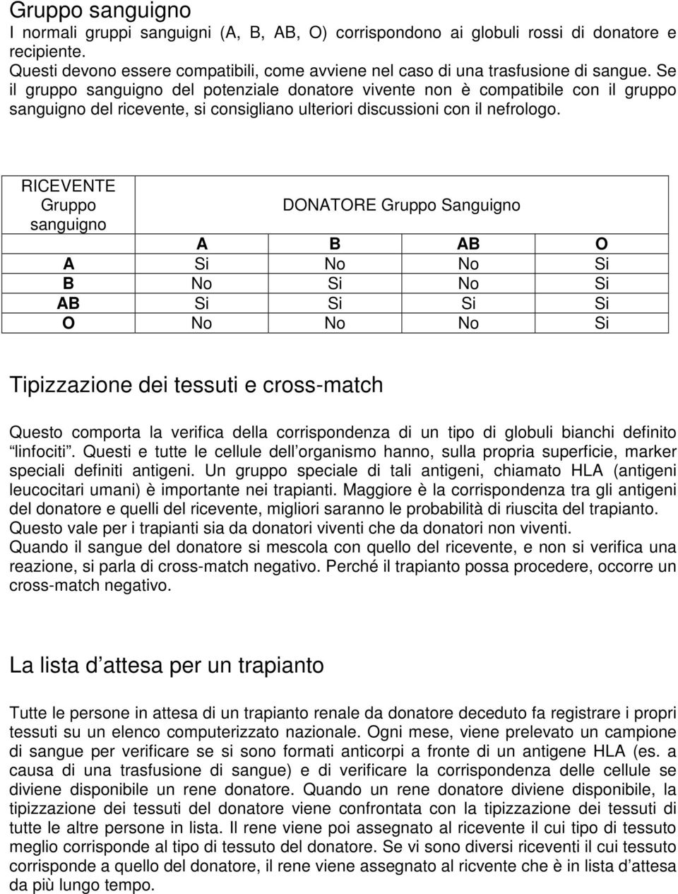 RICEVENTE Gruppo DONATORE Gruppo Sanguigno sanguigno A B AB O A Si No No Si B No Si No Si AB Si Si Si Si O No No No Si Tipizzazione dei tessuti e cross-match Questo comporta la verifica della