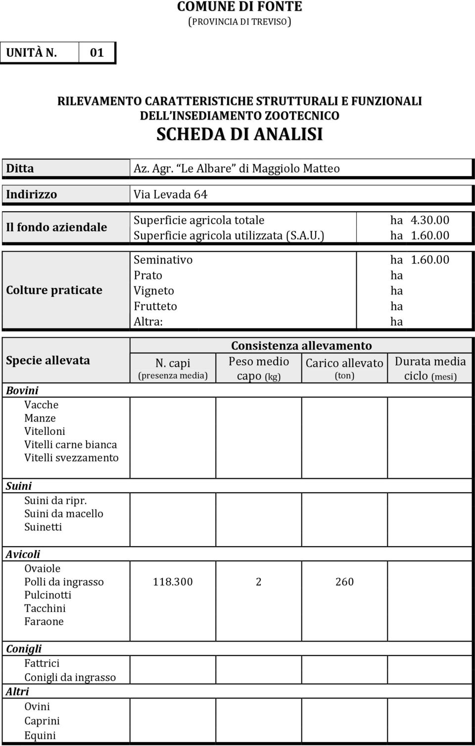 00 Seminativo ha 1.60.00 Prato ha Vigneto ha Frutteto ha Altra: ha Specie allevata Vacche Manze Vitelloni Vitelli carne bianca Vitelli svezzamento N.