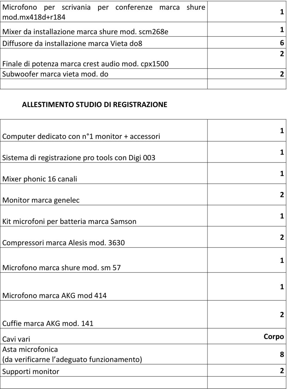 do ALLESTIMENTO STUDIO DI REGISTRAZIONE Computer dedicato con n monitor + accessori Sistema di registrazione pro tools con Digi 003 Mixer phonic 6 canali Monitor