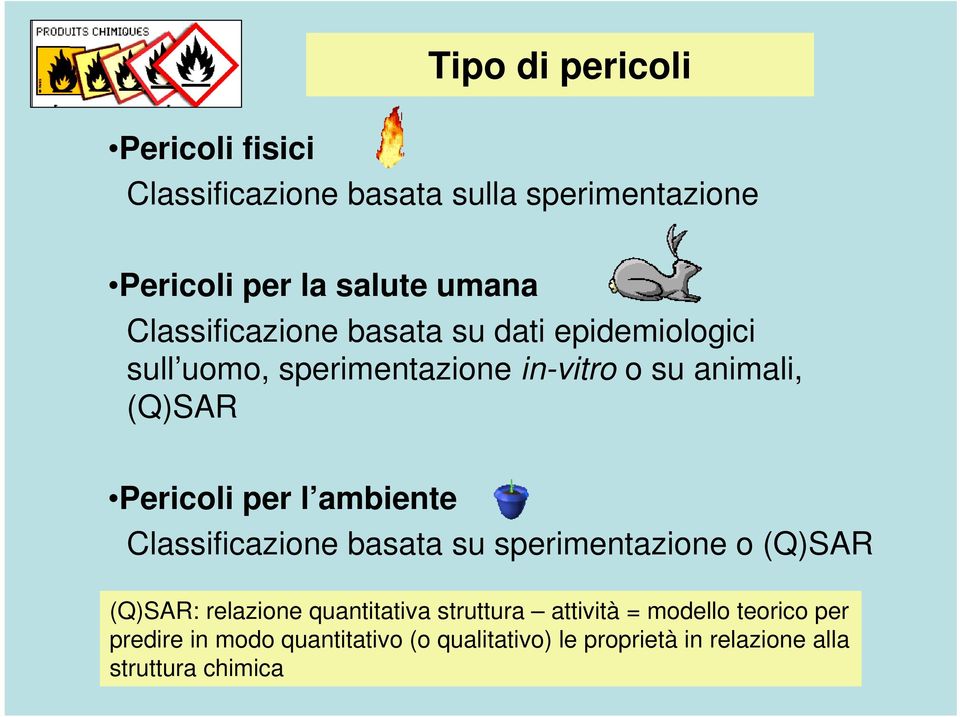 per l ambiente Classificazione basata su sperimentazione o (Q)SAR (Q)SAR: relazione quantitativa struttura