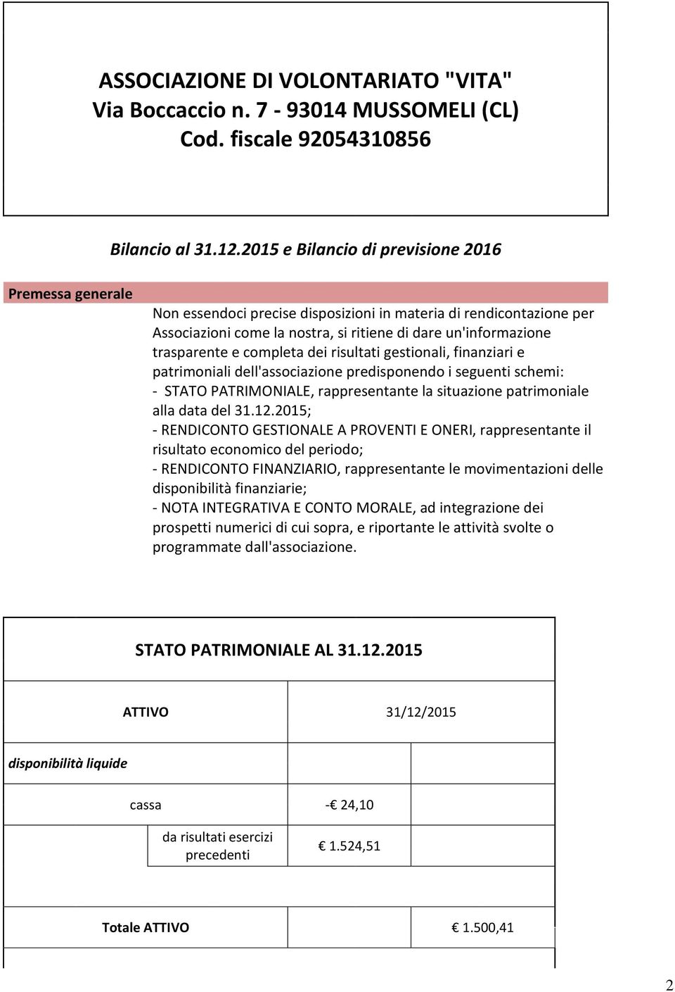 completa dei risultati gestionali, finanziari e patrimoniali dell'associazione predisponendo i seguenti schemi: - STATO PATRIMONIALE, rappresentante la situazione patrimoniale alla data del 31.12.