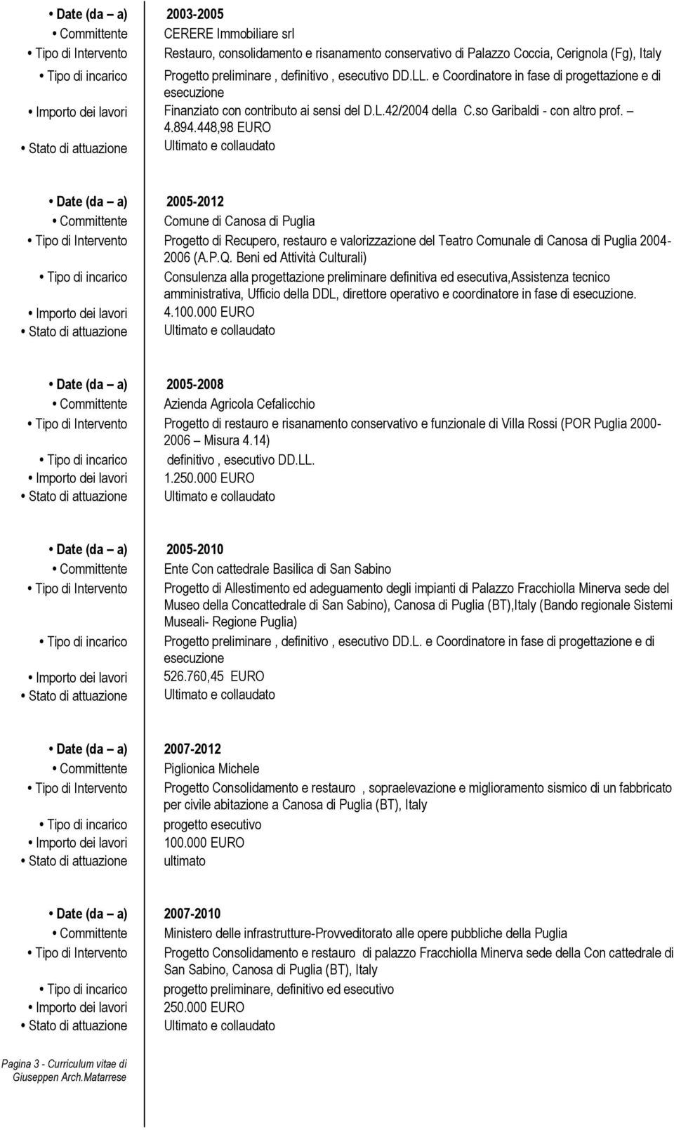 448,98 EURO Date (da a) 2005-2012 Committente Comune di Canosa di Puglia Tipo di Intervento Progetto di Recupero, restauro e valorizzazione del Teatro Comunale di Canosa di Puglia 2004-2006 (A.P.Q.