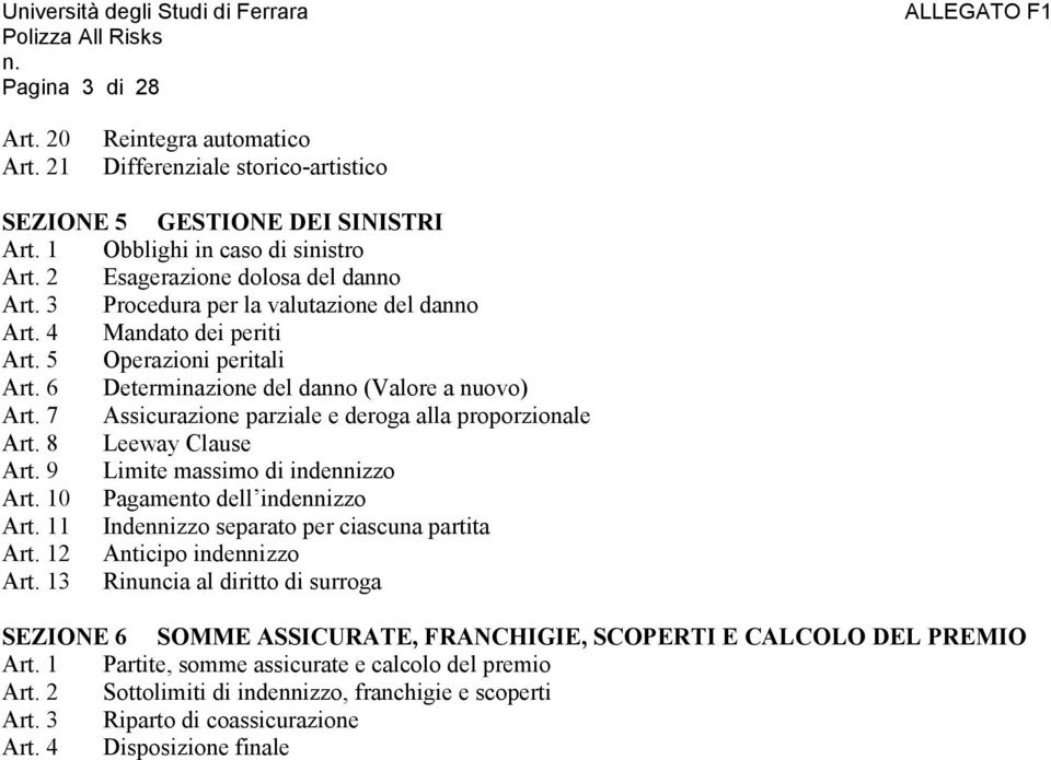 7 Assicurazione parziale e deroga alla proporzionale Art. 8 Leeway Clause Art. 9 Limite massimo di indennizzo Art. 10 Pagamento dell indennizzo Art. 11 Indennizzo separato per ciascuna partita Art.