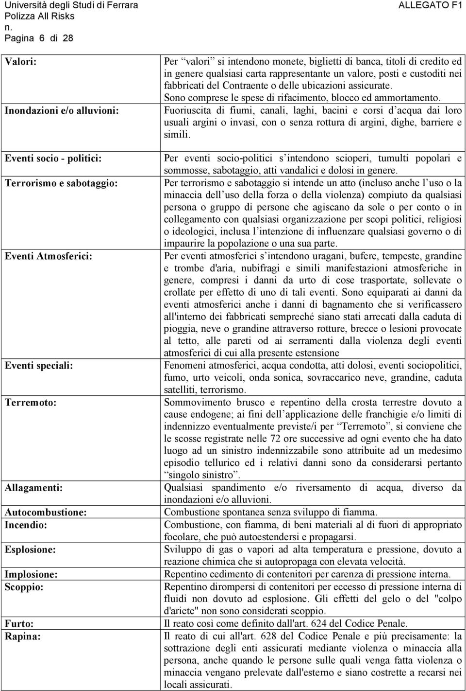 Contraente o delle ubicazioni assicurate. Sono comprese le spese di rifacimento, blocco ed ammortamento.