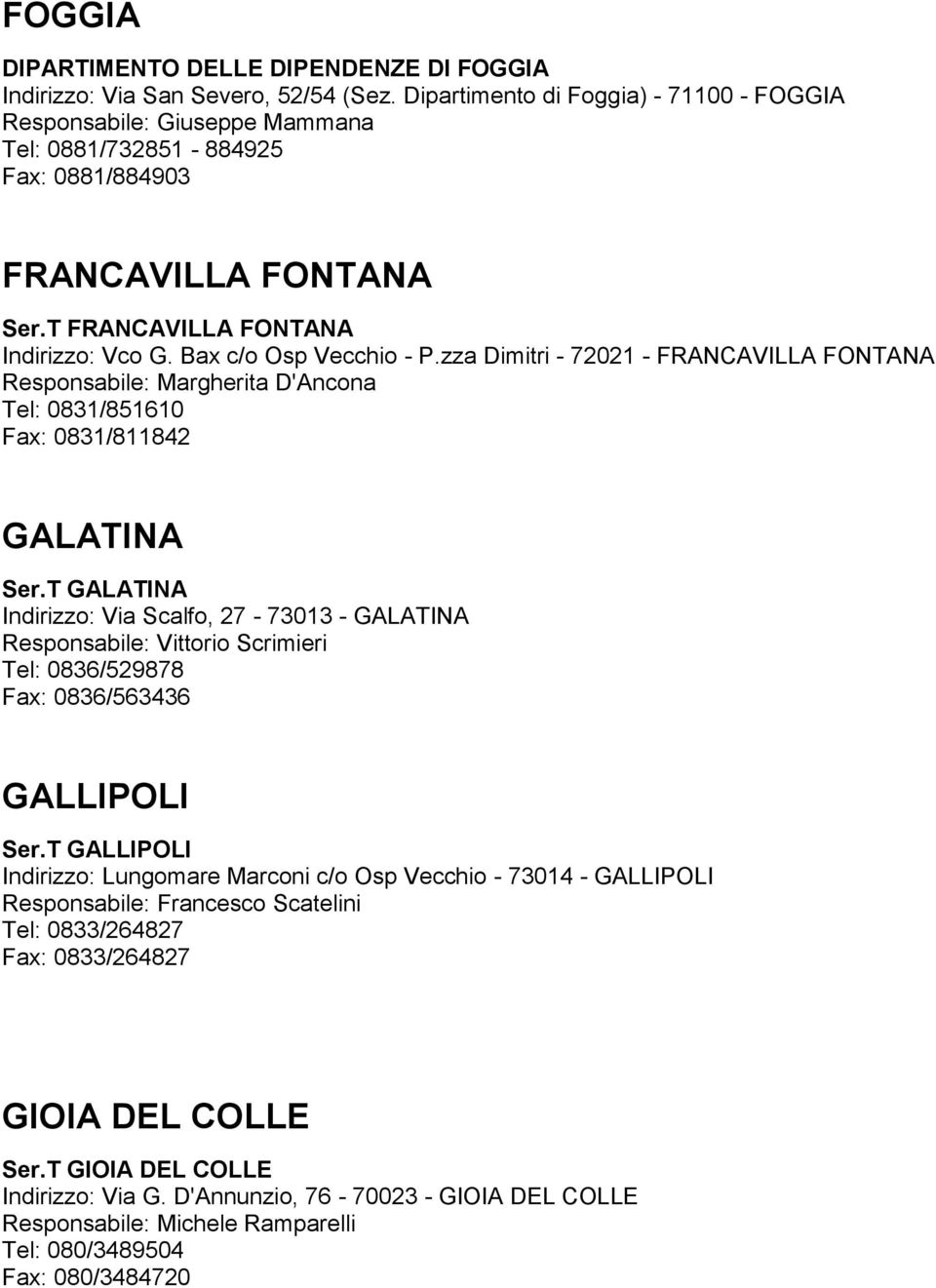 Bax c/o Osp Vecchio - P.zza Dimitri - 72021 - FRANCAVILLA FONTANA Responsabile: Margherita D'Ancona Tel: 0831/851610 Fax: 0831/811842 GALATINA Ser.