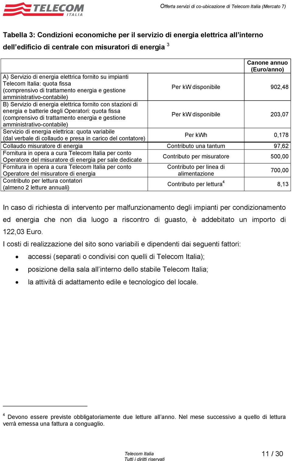 batterie degli Operatori: quota fissa (comprensivo di trattamento energia e gestione amministrativo-contabile) Servizio di energia elettrica: quota variabile (dal verbale di collaudo e presa in