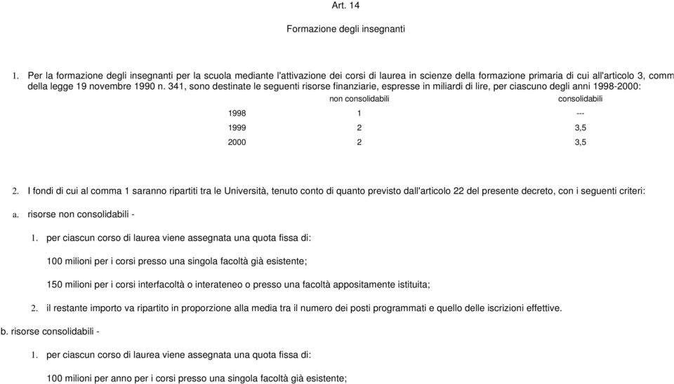 341, sono destinate le seguenti risorse finanziarie, espresse in miliardi di lire, per ciascuno degli anni 1998-2000: consolidabili 1998 1 --- 1999 2 3,5 2000 2 3,5 2.