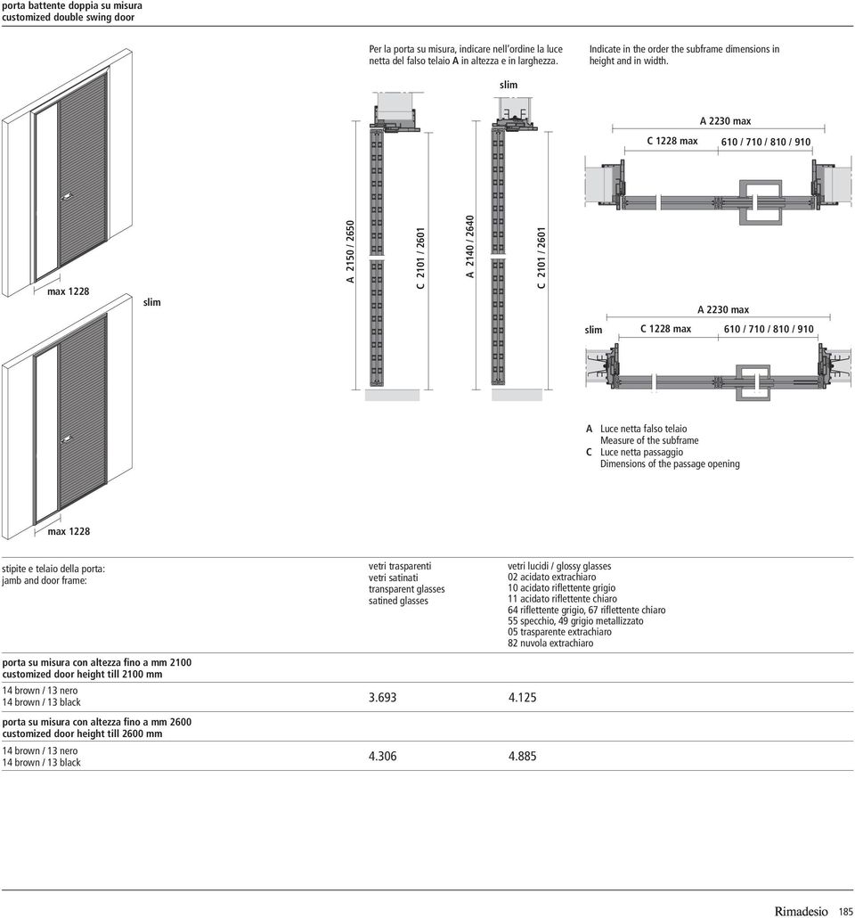 A 2230 max C 1228 max max 1228 A 2150 / 2650 C 2101 / 2601 A 2140 / 2640 C 2101 / 2601 A 2230 max C 1228 max A Luce netta falso telaio Measure of the subframe C Luce netta