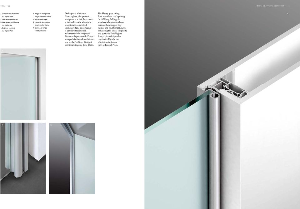 Section of hinge for Plain frame Nella porta a battente Henry glass, che prevede un apertura a 180, la cerniera a tutta altezza in alluminio anodizzato consente di eliminare telai di sostegno e
