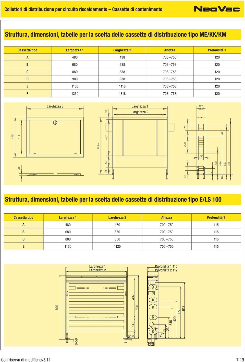 Larghezza 2 Struttura, dimensioni, tabelle per la scelta delle cassette di distribuzione tipo E/LS 100 Cassetta tipo Larghezza 1 Larghezza 2 Altezza Profondità 1 A 480 460 700 750 115 B 680 660 700