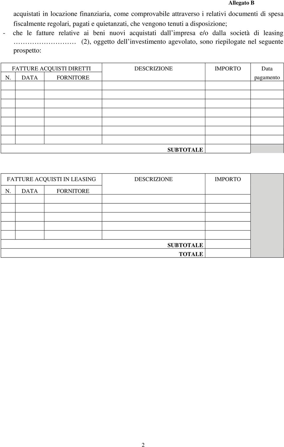 di leasing (2), oggetto dell investimento agevolato, sono riepilogate nel seguente prospetto: FATTURE ACQUISTI DIRETTI N.