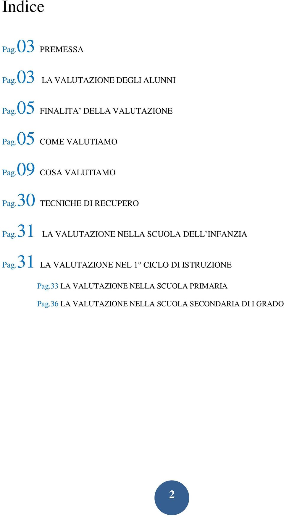 30 TECNICHE DI RECUPERO Pag.31 LA VALUTAZIONE NELLA SCUOLA DELL INFANZIA Pag.