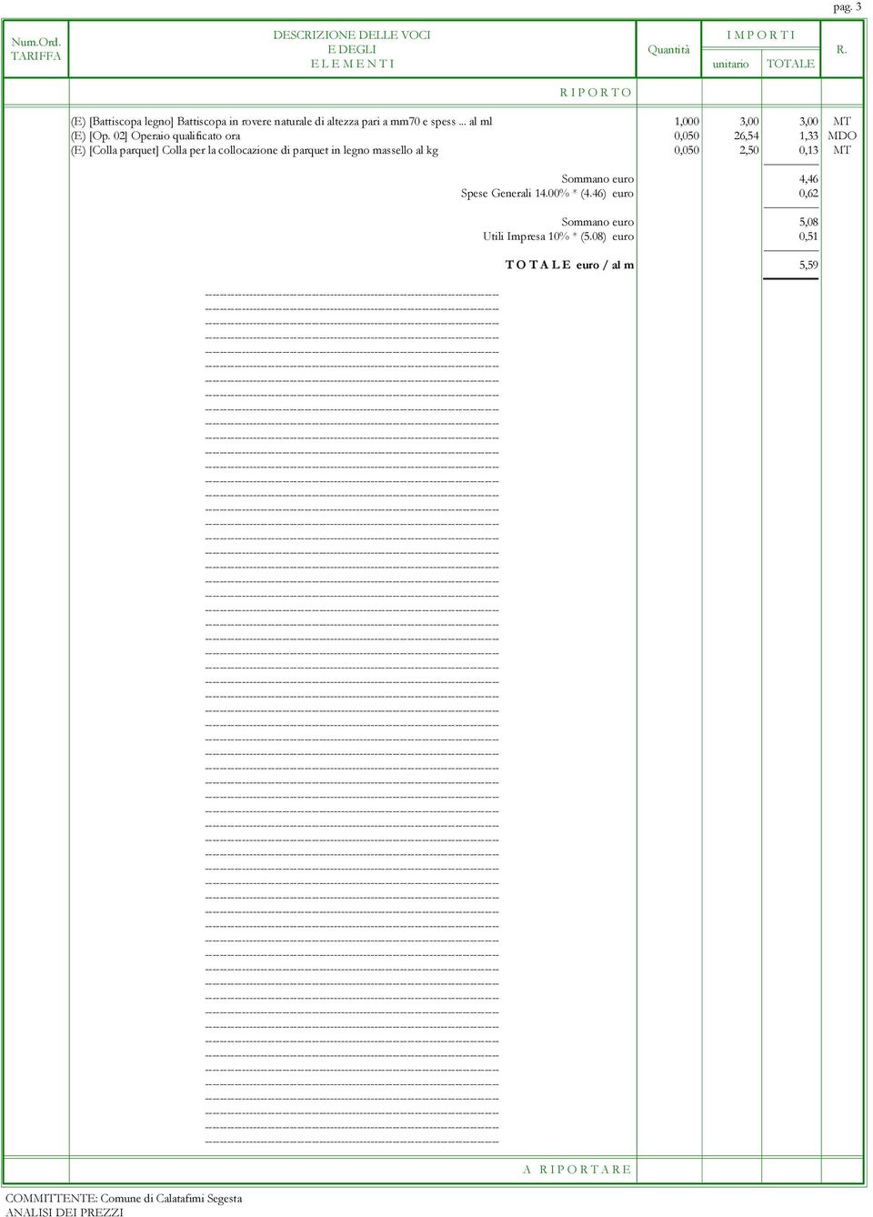 02] Operaio qualificato ora 0,050 26,54 1,33 MDO (E) [Colla parquet] Colla per la collocazione di