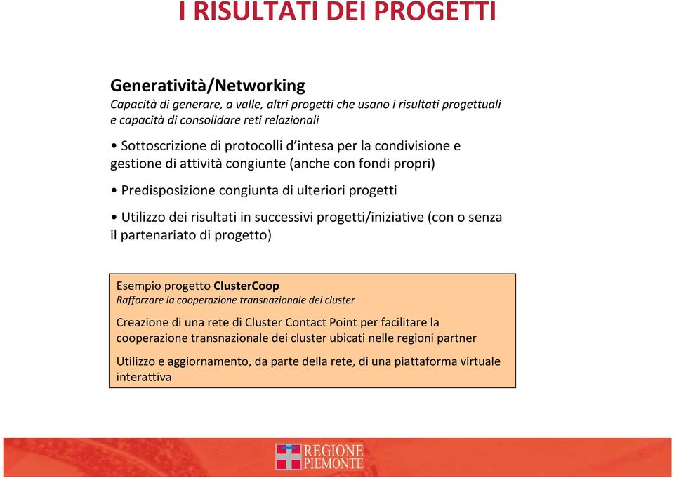 risultati in successivi progetti/iniziative (con osenza il partenariato di progetto) Esempio progetto ClusterCoop Rafforzare la cooperazione transnazionale dei cluster Creazione di una