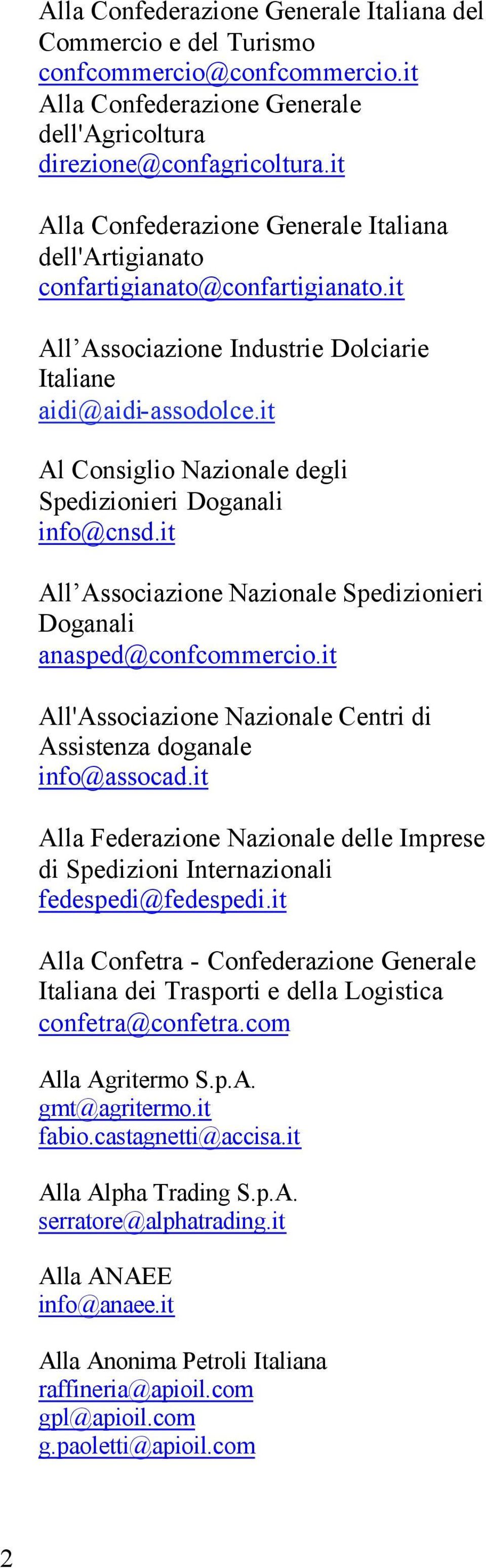 it Al Consiglio Nazionale degli Spedizionieri Doganali info@cnsd.it All Associazione Nazionale Spedizionieri Doganali anasped@confcommercio.