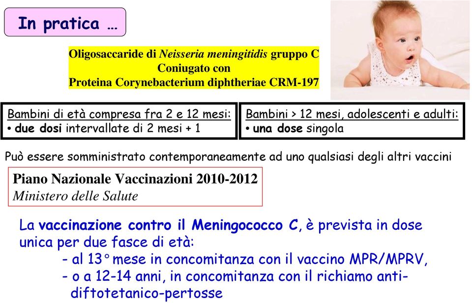 qualsiasi degli altri vaccini Piano Nazionale Vaccinazioni 2010-2012 Ministero delle Salute La vaccinazione contro il Meningococco C, è prevista in dose