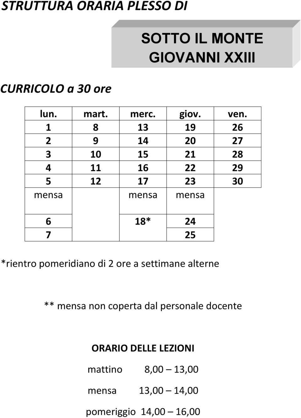 7 25 SOTTO IL MONTE GIOVANNI XXIII *rientro pomeridiano di 2 ore a settimane alterne ** mensa