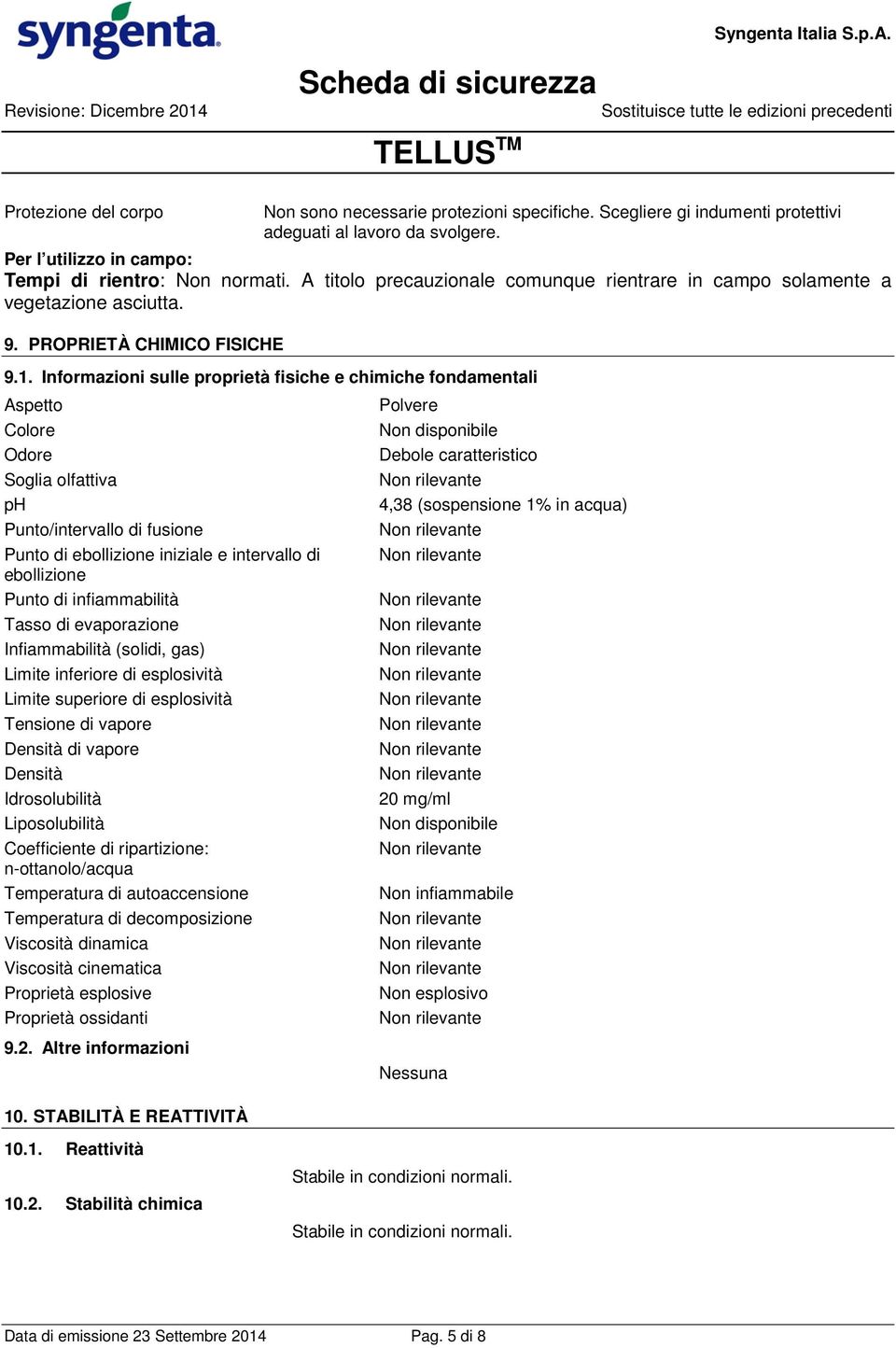 Informazioni sulle proprietà fisiche e chimiche fondamentali Aspetto Colore Odore Soglia olfattiva ph Punto/intervallo di fusione Punto di ebollizione iniziale e intervallo di ebollizione Punto di