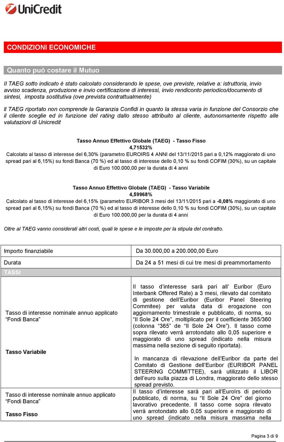 stessa varia in funzione del Consorzio che il cliente sceglie ed in funzione del rating dallo stesso attribuito al cliente, autonomamente rispetto alle valutazioni di Unicredit Tasso Annuo Effettivo