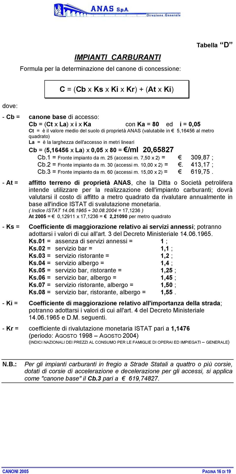 Cb.1 = Fronte impianto da m. 25 (accessi m. 7,50 x 2) = 309,87 ; Cb.2 = Fronte impianto da m. 30 (accessi m. 10,00 x 2) =. 413,17 ; Cb.3 = Fronte impianto da m. 60 (accessi m. 15,00 x 2) = 619,75.