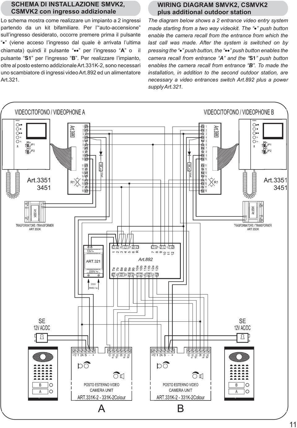 per l ingresso B. Per realizzare l impianto, oltre al posto esterno addizionale Art.331K-2, sono necessari uno scambiatore di ingressi video Art.892 ed un alimentatore Art.321.