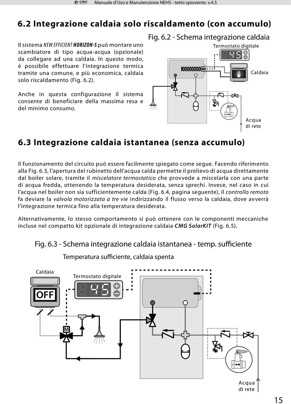 2). Fig. 6.2 - Schema integrazione caldaia Termostato digitale Caldaia Anche in questa configurazione il sistema consente di beneficiare della massima resa e del minimo consumo. Acqua di rete 6.