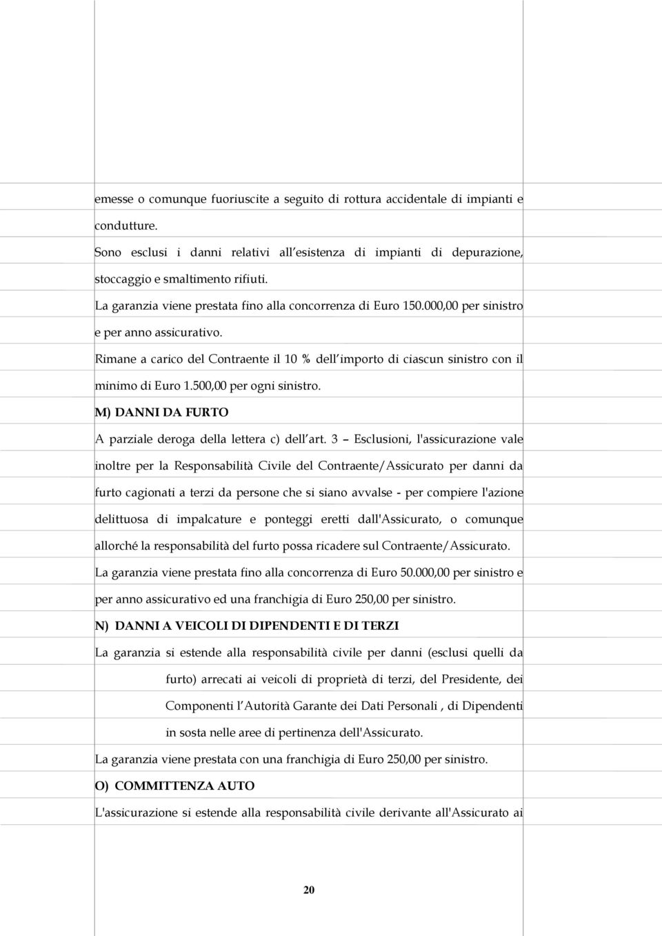 Rimane a carico del Contraente il 10 % dell importo di ciascun sinistro con il minimo di Euro 1.500,00 per ogni sinistro. M) DANNI DA FURTO A parziale deroga della lettera c) dell art.