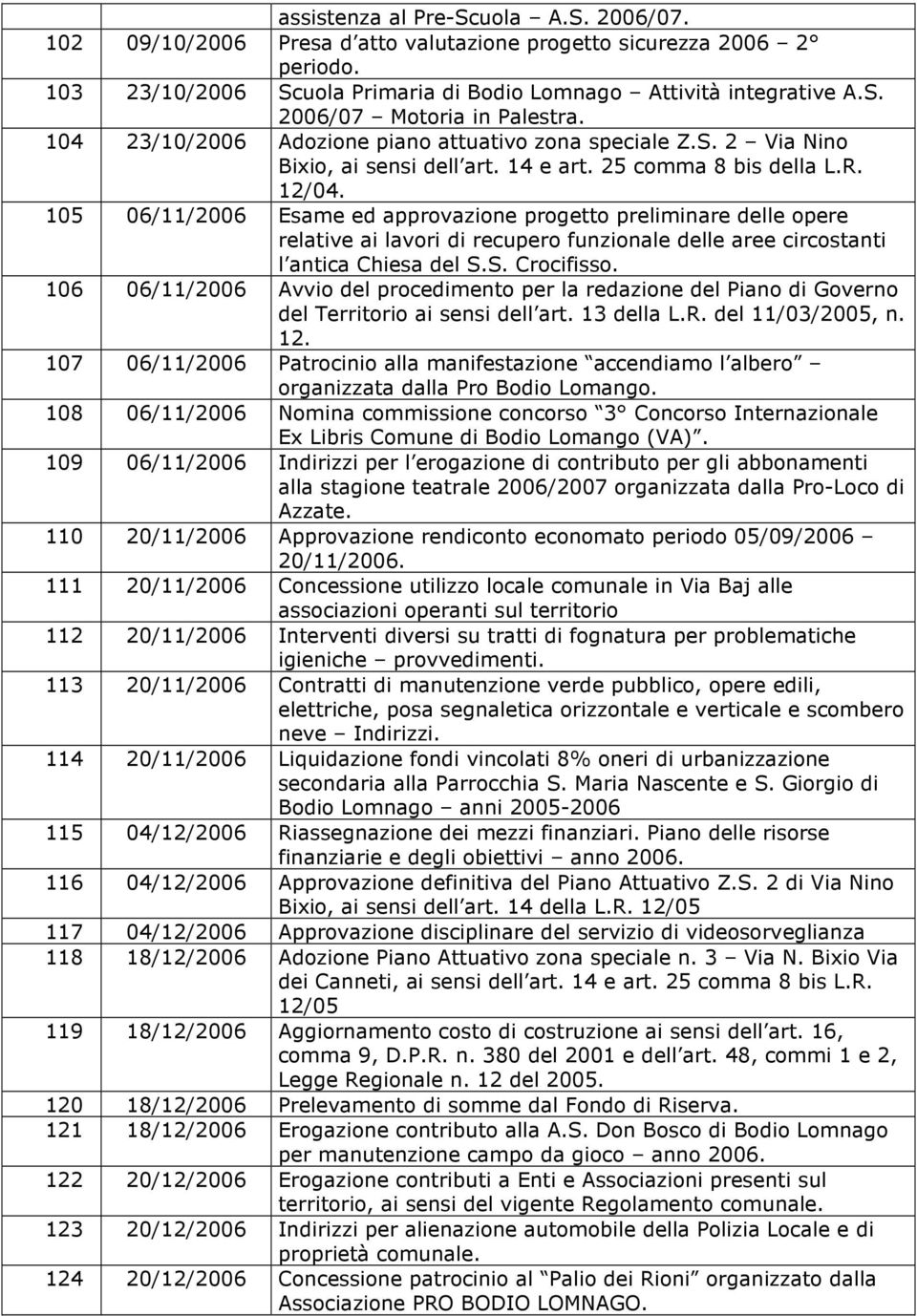 105 06/11/2006 Esame ed approvazione progetto preliminare delle opere relative ai lavori di recupero funzionale delle aree circostanti l antica Chiesa del S.S. Crocifisso.