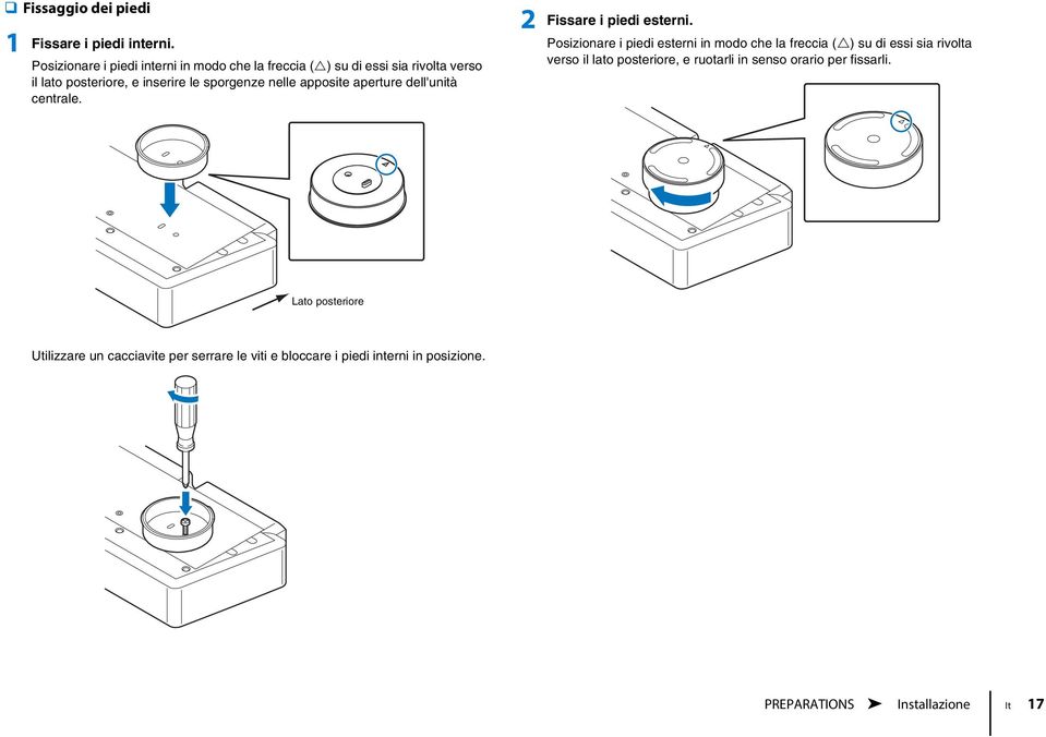 nelle apposite aperture dell'unità centrale. 2 Fissare i piedi esterni.